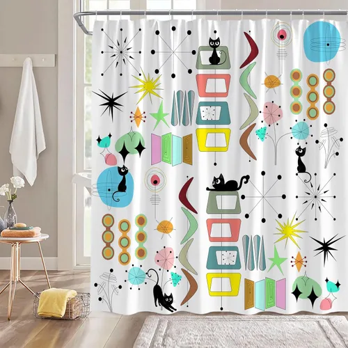 Vista 2 de Mid Century Modern Shower Curtain Black Cat Retro Atomic Sputnik Boomerangs Abstract Geometric Iconic 50s 60s Vintage Aesthetics Art Polyester