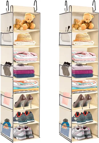 Vista 11 de Organizador de zapatos colgante de gran tamaño con 8 estantes, organizador colgante de armario con 8 bolsillos laterales, estantes colgantes más