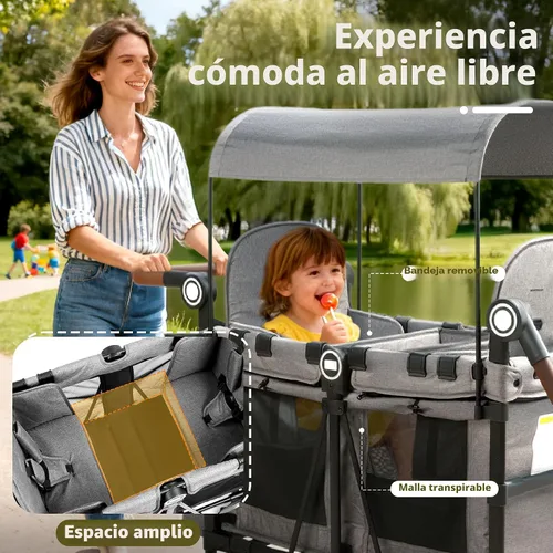 Vista 4 de Kinder King Cochecito Wagon para 2 niños, ruedas que absorben los golpes Gris