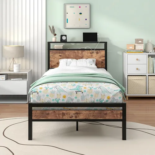 Vista 14 de BOFENG Base de cama Queen con cabecera de almacenamiento, marco de cama de plataforma de metal tamaño Queen con luces LED, estación de carga,
