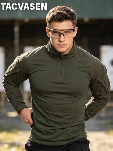 Vista 3 de TACVASEN Camisa táctica de combate de manga larga para hombre con Verde militar
