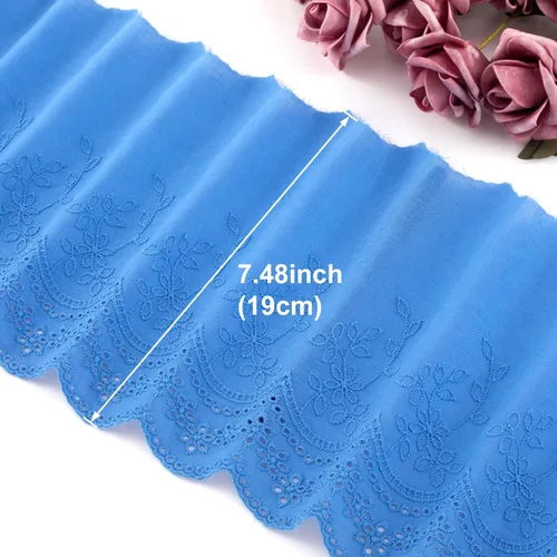 Vista 2 de PAGOW 5 yardas de ribete de encaje de ojales de algodón, ribete de encaje festoneado de bordado floral de algodón azul para coser vestidos, ropa