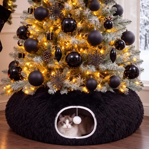 Vista 24 de Túnel de árbol de Navidad para gatos de 36 pulgadas, cama de dona, blanco