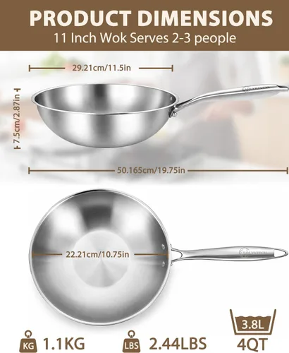 Vista 2 de LOLYKITCH Wok Pan de acero inoxidable de tres capas de 11 pulgadas con tapa
