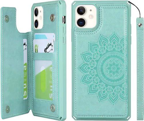 Vista 20 de iCoverCase Funda compatible con iPhone 11 con tarjetero para mujer, bloqueo RFID en relieve, piel sintética con correa de muñeca de 6.1 pulgadas