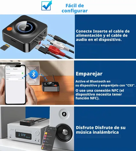 Vista 8 de Receptor Bluetooth para estéreo de casa, adaptador AUX RCA a Bluetooth para altavoces antiguos, receptor de audio inalámbrico NFC para sistema