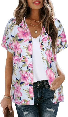 Vista 4 de MYHALF - Camisa de verano estilo hawaiana para mujer, suave y fresca, con estampado floral tropical, cuello en V, manga corta y botones