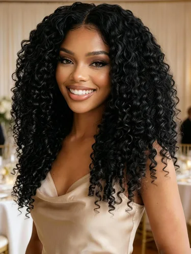 Vista 40 de KLAIYI Bye Bye Slip™ - Pelucas de cabello humano con encaje frontal 7x5, color marrón castaño degradado, rizado, sin pegamento, precortadas de 7 x