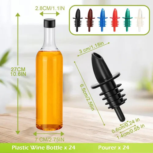 Vista 2 de Yinder 24 botellas de plástico de cuello largo con vertedor de 25 onzas, botellas vacías de licor de vino transparente para verter con 24 vertedores