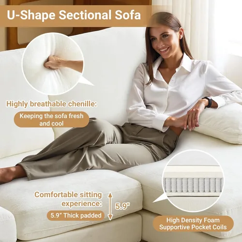 Vista 7 de VINGLI Sofá modular de 110 pulgadas para sala de estar, sofá en forma de U con diván doble, juego de sofá de 4 asientos con tela de felpilla