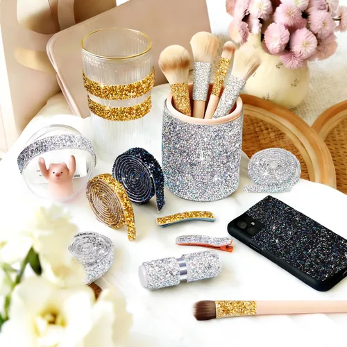 Vista 3 de 4 rollos de cinta de diamantes de imitación de cristal, cinta autoadhesiva con diamantes de imitación, envoltura de diamantes para manualidades