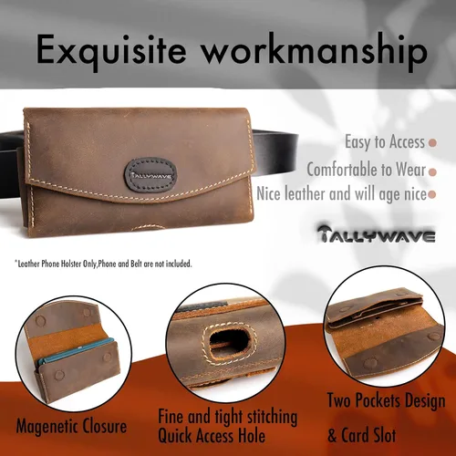 Vista 3 de Tallywave Funda de cuero para teléfono con clip para cinturón para Galaxy S23, iPhone 14, 14 Pro, bolsa de cuero con doble bolsillo para teléfono