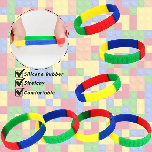 Vista 5 de Paquete de 48 pulseras de silicona de bloques de construcción para niños, regalos de fiesta de ladrillo de color, suministros de fiesta para niños