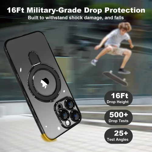 Vista 6 de Funda magnética para iPhone 14 Pro con soporte invisible, protector de lente de cámara integrado, a prueba de golpes