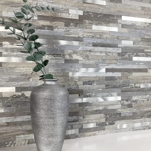 Vista 2 de AULIGET - 20 láminas de azulejos de pared de PVC autoadhesivos con aspecto de madera desgastada, para salpicadero de cocina Madera vintage + metal