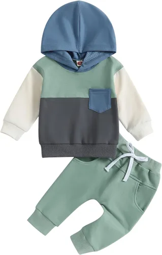 Vista 9 de FYBITBO Conjunto de sudadera con capucha y pantalones de bloque de color para bebés y niños pequeños