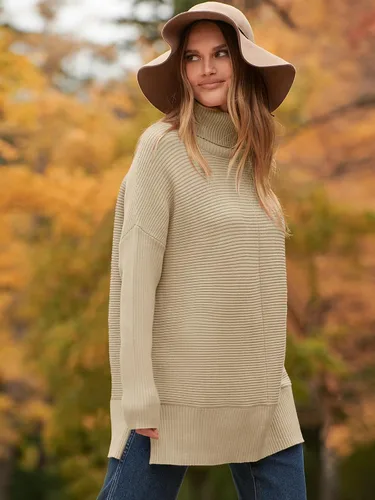 Vista 4 de ANRABESS Suéter tipo túnica de punto con cuello alto para mujer, manga larga de murciélago, dobladillo dividido, ropa de moda 2024