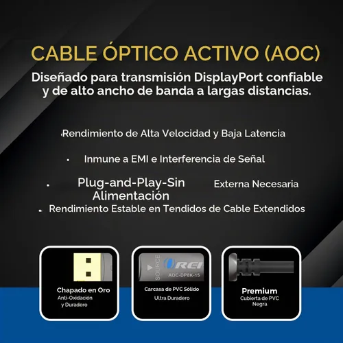 Vista 8 de OREI Cable AOC DisplayPort 2.0 8K de 15 pies - 54 Gbps, 8K a 120 Hz, 4K a