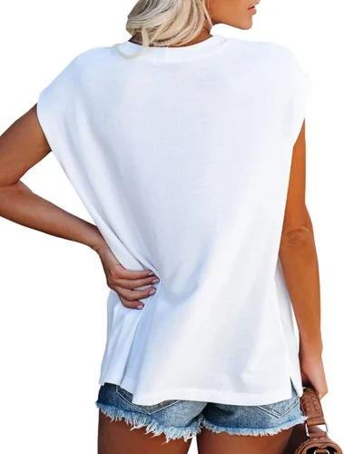 Vista 3 de WMZCYXY Camiseta sin mangas de verano para mujer, cuello redondo, casual, holgada, con bolsillo