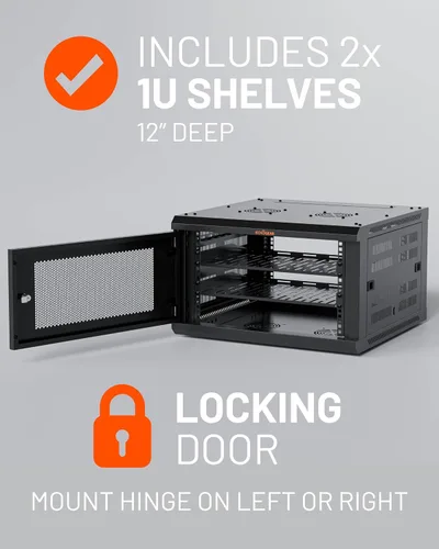 Vista 3 de ECHOGEAR 6U Rack de Red - Kit de Rack de Pared Montado en la Pared Incluye 2X Estantes de 1U, Ventilador Premontado, Puerta con Cerradura y Hardware