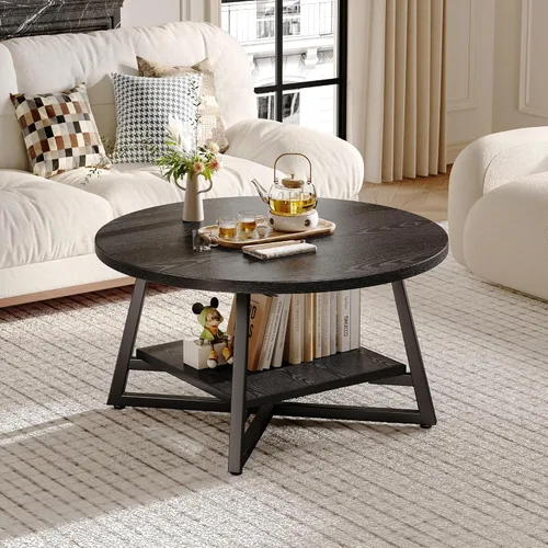 Vista 2 de Mesa de café para sala de estar, Mesa de café redonda, Mesa de café pequeña circular con almacenamiento, Mesa de centro redonda moderna de madera