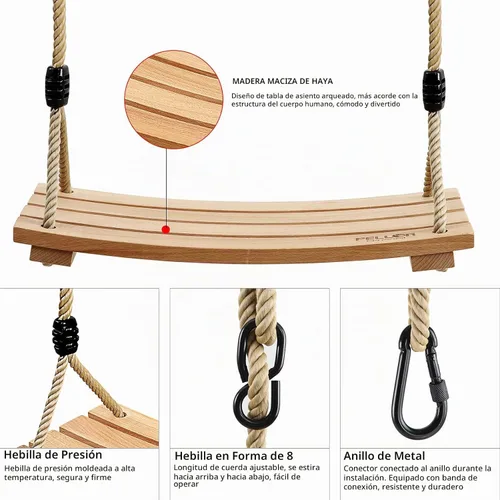 Vista 4 de PELLOR - Columpio de madera para niños, columpio de madera curvada para patio trasero, columpio de madera carbonizada colgante de carga de 220