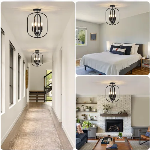 Vista 7 de Lámpara de techo negra de montaje empotrado, 4 luces, luces de techo semiempotradas, accesorios de iluminación de cocina, lámpara industrial moderna