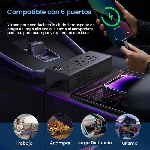 Vista 6 de Convertidor de voltaje de automóvil de 300 W, inversor de CC de 12 V a CA, puertos de 110 V, cargador de coche de carga rápida con enchufe