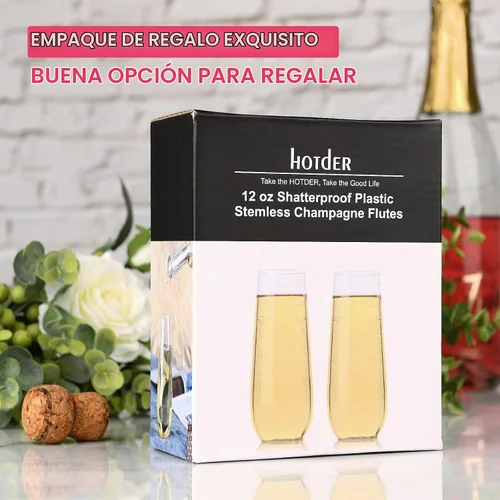 Vista 7 de hotder Copas de champán de plástico 100% Tritan, copas de champán sin tallo de 12 onzas, copas de champán de plástico, inastillables, reciclables
