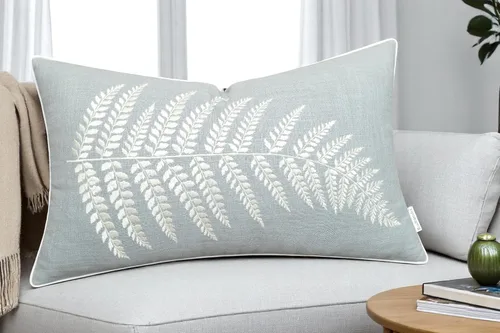 Vista 7 de Rudransha Funda de almohada lumbar con bordado de hojas de helecho botánico, 12 x 18 pulgadas, algodón marfil