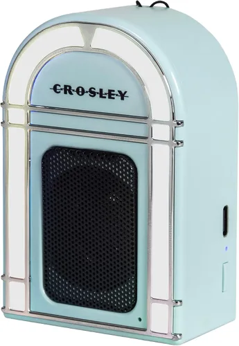Vista 13 de Crosley CR3046A-AB Mini Jukebox Altavoz Bluetooth portátil con luces LED y micrófono, azul aguamarina
