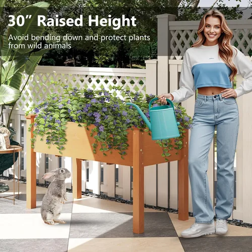 Vista 3 de HAPPYGRILL - Cama de jardín elevada, caja de jardín de madera para exteriores con patas, agujeros de drenaje, tela de revestimiento de jardín negra