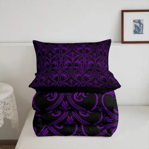 Vista 6 de Erosebridal Juego de edredón floral de color morado y negro degradado para niñas y mujeres, tamaño Queen, juego de ropa de cama gótico barroco