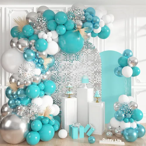 Vista 13 de Ouddy Life - Kit de guirnalda de arco de globos azul polvoriento, 152 piezas, diferentes tamaños Azul y blanco