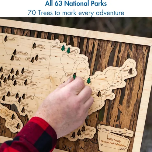Vista 6 de Mapa Personalizado de Madera de Parques Nacionales con Chinchetas Rastreador de Viajes - Regalos de Mapa de Parques Nacionales Hechos en EE.UU.