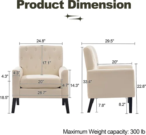 Vista 2 de Sillas decorativas modernas de mediados de siglo, silla de oficina de felpilla beige para recepción, silla de club tapizada para sala de estar