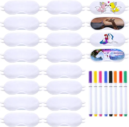 Vista 5 de Máscara de ojos blanca para sublimación, suministros de fiesta de pijamas, para niñas y niños, con rotuladores de tela, máscara de dormir blanca