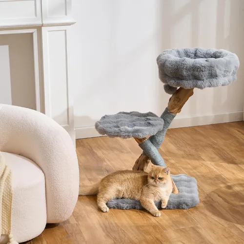 Vista 9 de Árbol para gatos de madera natural para gatos adultos de interior, torre de gatos moderna de 33 pulgadas con cama de felpa súper suave y percha