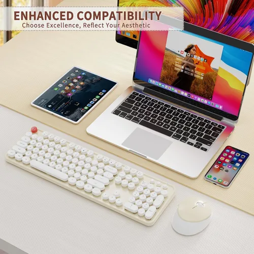 Vista 7 de HotFox Combo de Teclado y Ratón Inalámbrico, Teclado Retro de Máquina de Escribir de Tamaño Completo con Keycaps Redondos, Diseño Ergonómico para PC