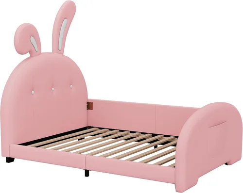 Vista 4 de Bellemave Cama de plataforma tapizada tamaño individual con cabecera en forma de conejo, cama de princesa rosa para niñas, marco bajo con riel