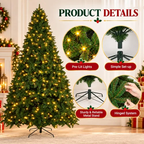 Vista 3 de Árbol de Navidad artificial preiluminado de 10 pies, árbol de Navidad verde con 600 luces LED, 1000 puntas de ramas de PVC, soporte de metal