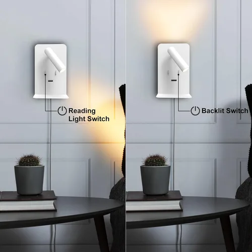Vista 5 de ZEROUNO Lámpara de pared para dormitorio, luz de lectura montada en la pared, apliques de cabecera LED con interruptor Puerto USB Lámparas de Blanco