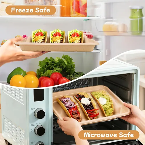 Vista 5 de 24 soportes desechables para tacos con 100 forros y 100 guantes, platos de tacos de fibra natural resistentes, bandejas de tacos de 3 compartimentos
