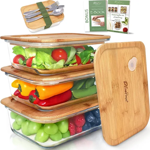 Vista 9 de EcoPreps Recipientes de vidrio para preparar comida con tapas de bambú (paquete de 3) - 100% libres de plástico, contenedores de almuerzo