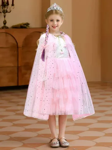 Vista 6 de FAYBOX Ropa de vestir de princesa para niñas pequeñas, capa de pincess, accesorios de disfraz con collar de varita de tiara trenzada