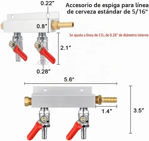 Vista 4 de MRbrew - Divisor de colector de gas CO2 de 2 vías, distribuidor de aluminio de púas de 5/16 pulgadas