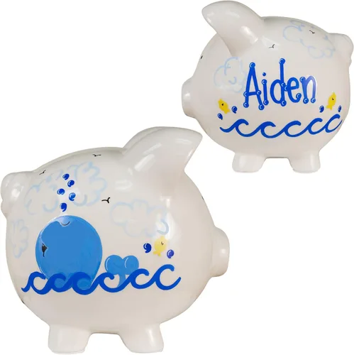 Vista 19 de Alcancía de cerámica personalizada Alcancía para niño - Alcancía blanca grande pintada a mano (avión de aire) Banco de monedas para niños
