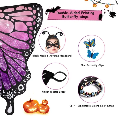 Vista 6 de Tibeha Halloween Butterfly Costume for Adult - Double-Sided Printing Wings Women Kids Girls Cape