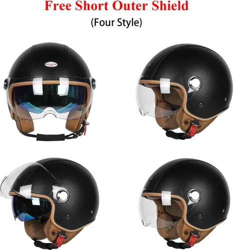 Vista 4 de Cascos de cara abierta para motocicleta, aprobados por el DOT, 3/4, casco para motoneta con visera dual, hebilla de liberación rápida, cascos