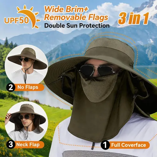 Vista 2 de Sombrero de pesca de ala súper ancha UPF 50+, sombrero de safari solar con solapa extraíble para el cuello